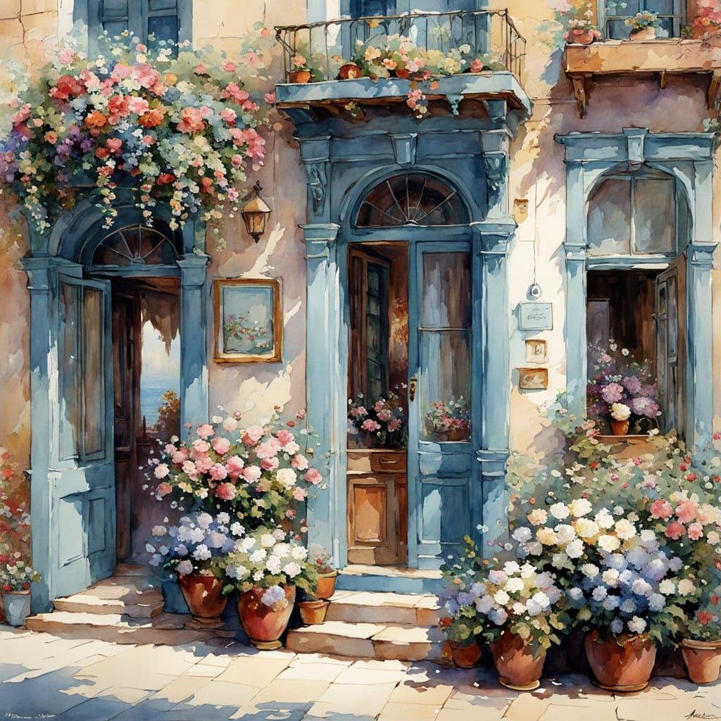 Vintage Shop by the Sea in Dreamy Watercolor Style