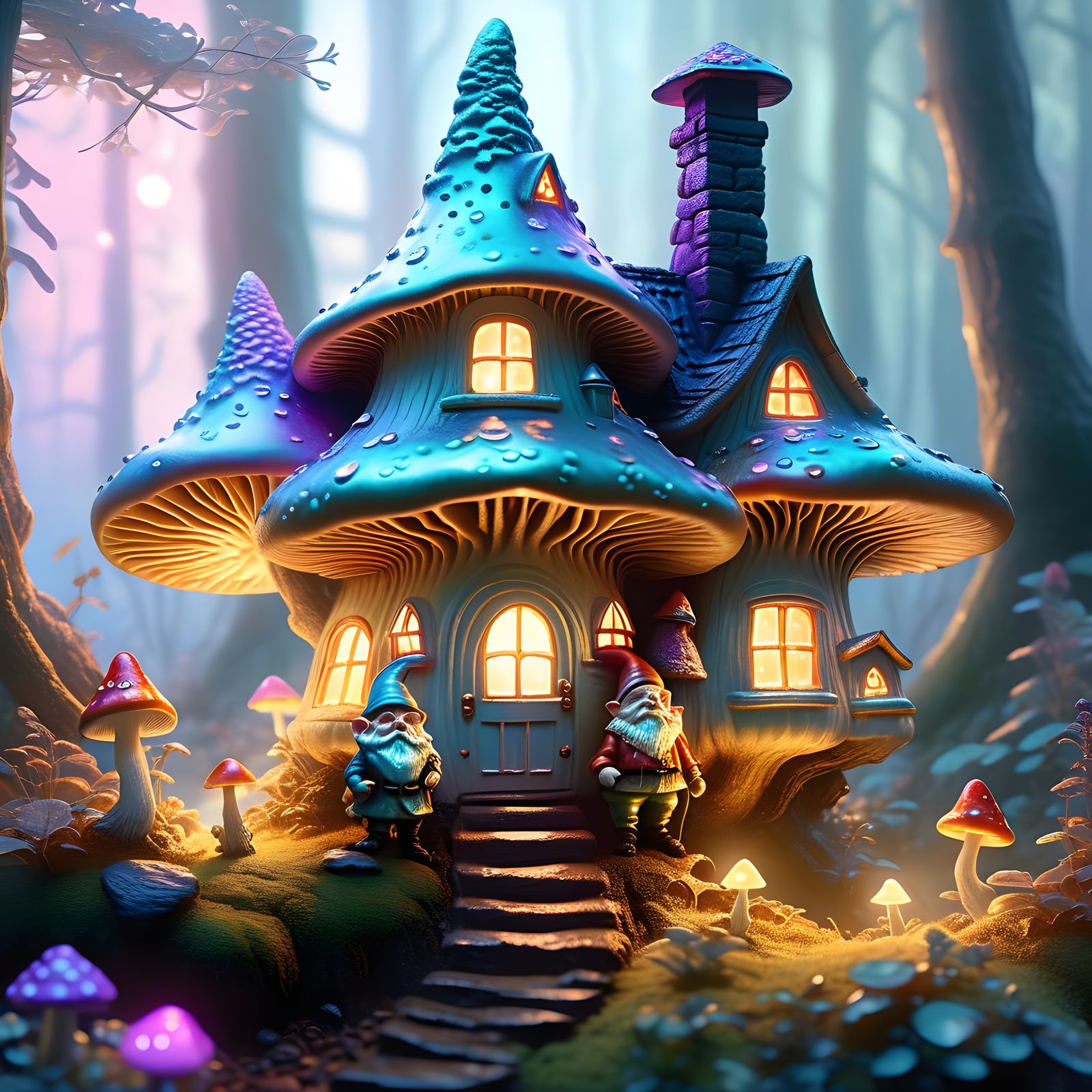 Psychedelic Mushroom House with Gnomes, Ethereal Fantasy
