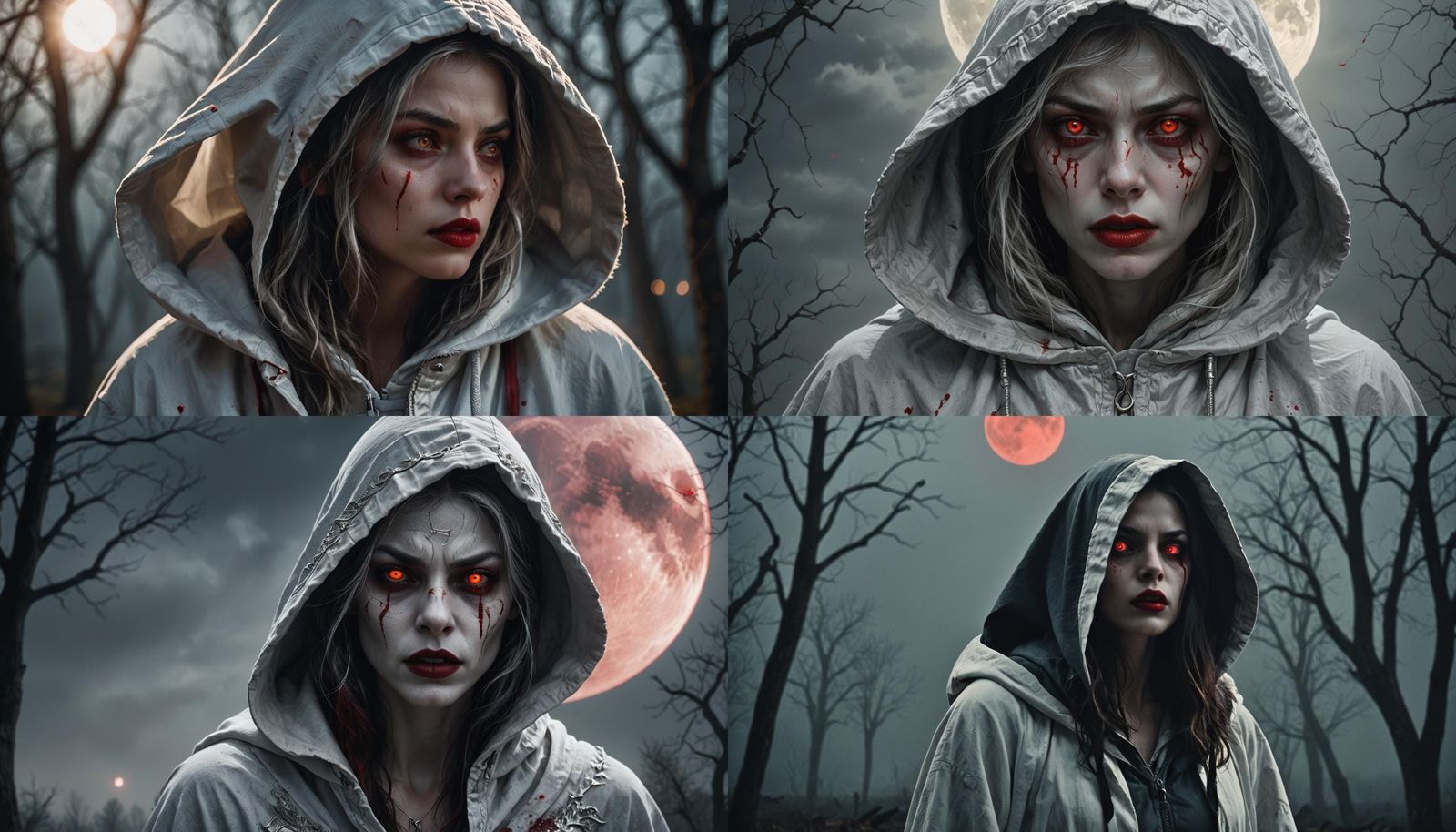 Silver Hooded Woman with Red Eyes Under Full Moon