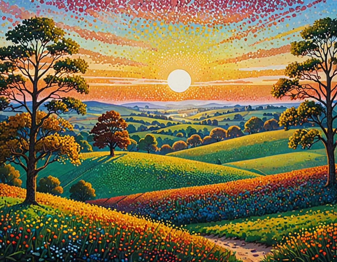 Pointillist Sunset Over Tranquil Countryside