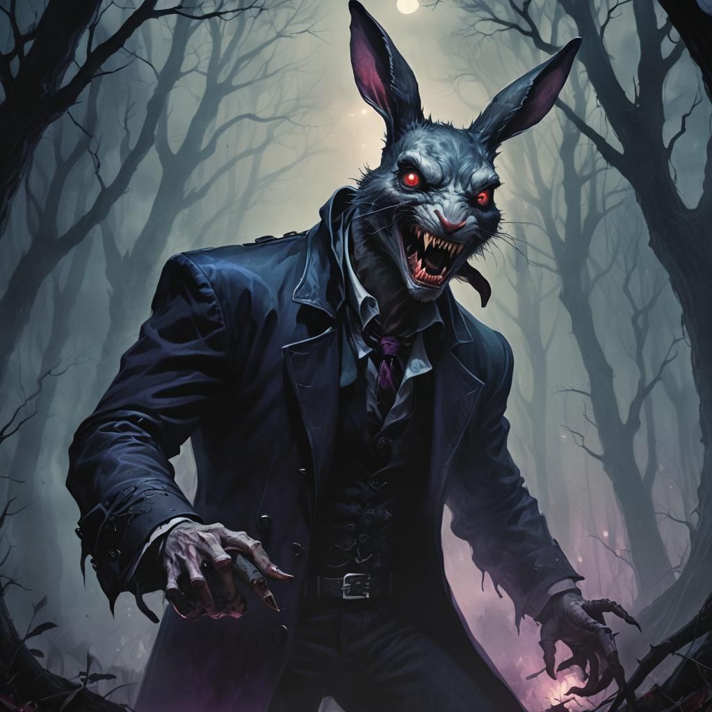 Dark Fantasy Vampire Rabbit Devouring a Man