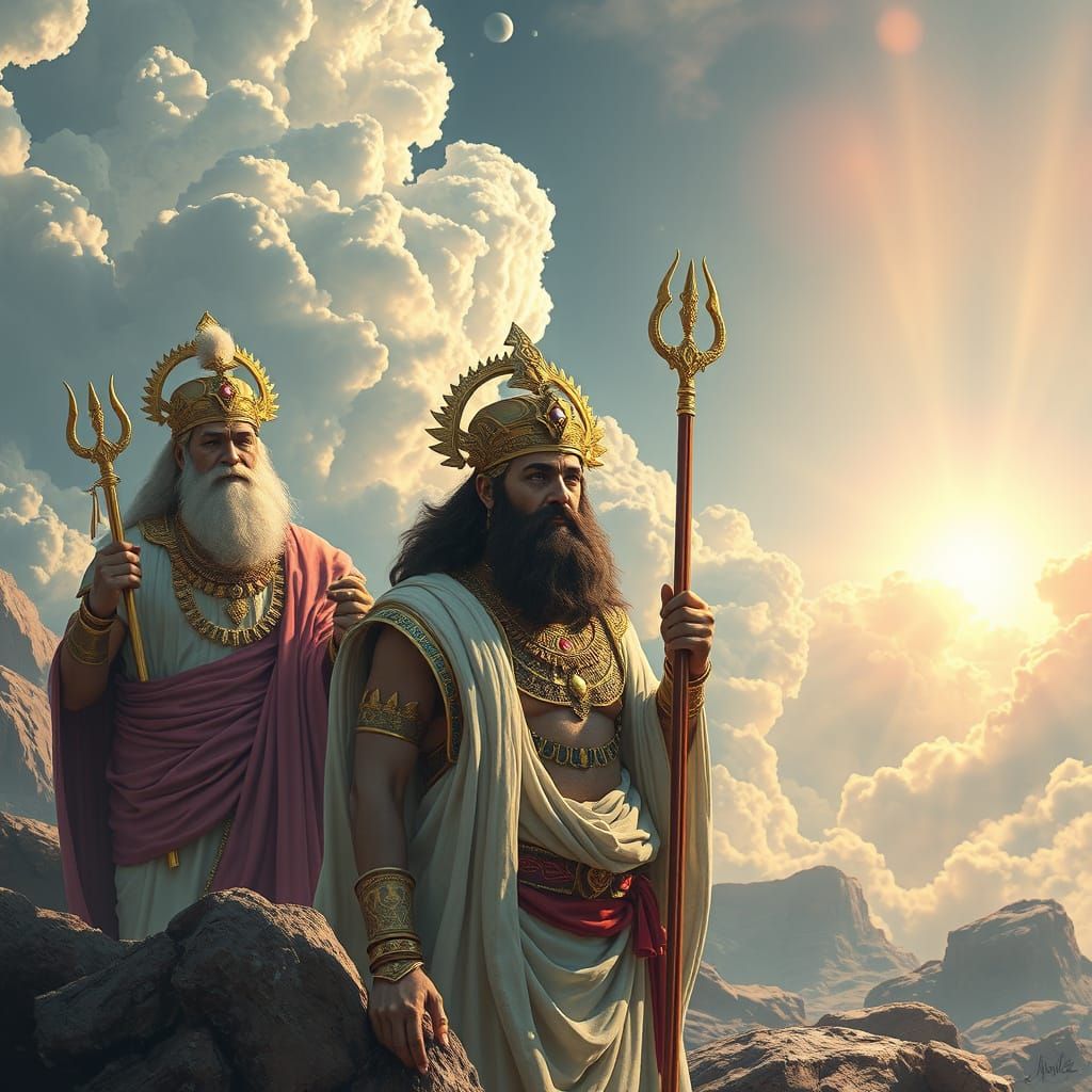 Divine Figures in Celestial Landscape, Retro-Futuristic Styl...