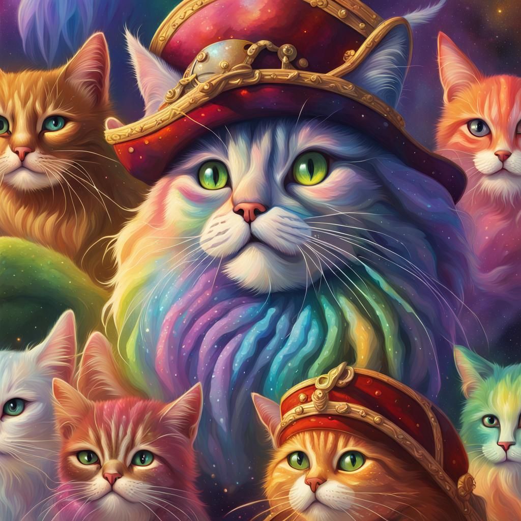 Rainbow Pirate Cats in Hyperrealistic Splash Art
