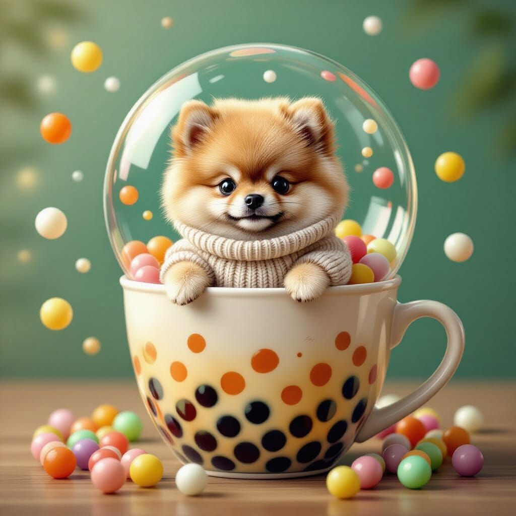 Puppy in Bubble Tea Cup with Boba Pearls