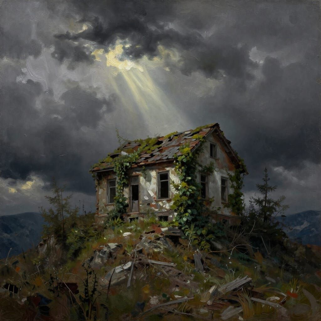 Dilapidated Mountain House Under Dramatic Storm Light