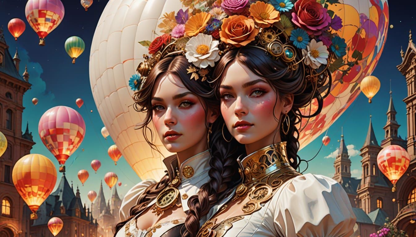 Steampunk Balloons Over Ancient Ruins in 3D Rendering