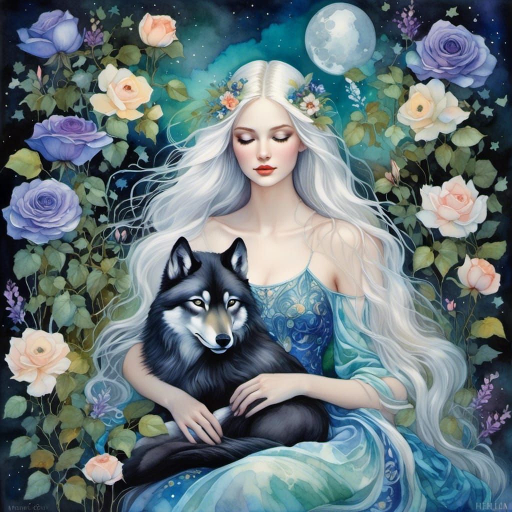 Ethereal Woman with Wolf in Gouache Style