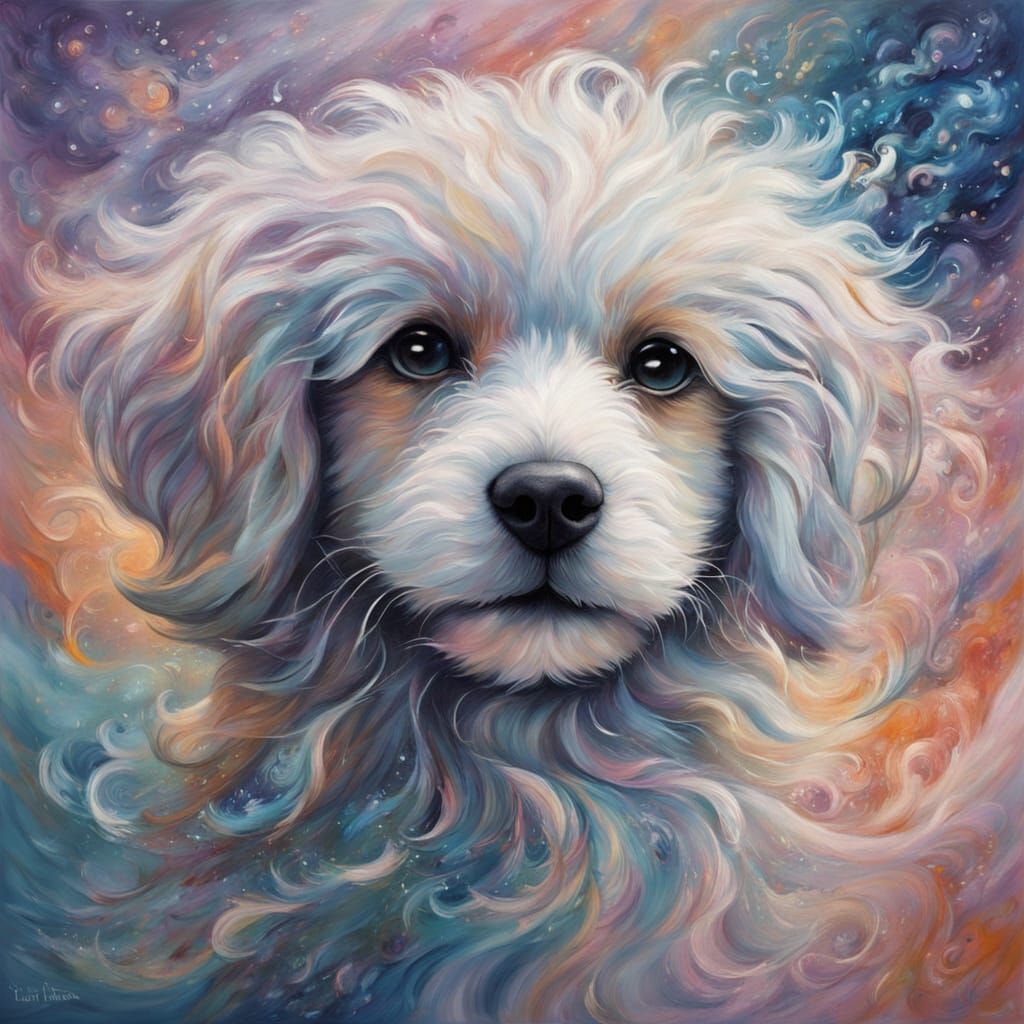 Playful Puppy in Dreamlike Nebula Oil Painting