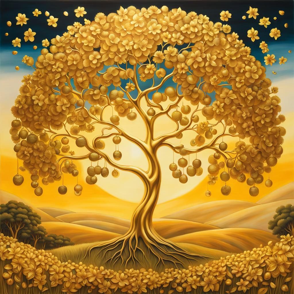 Golden Tree of Life in Meadow: Airbrush Art