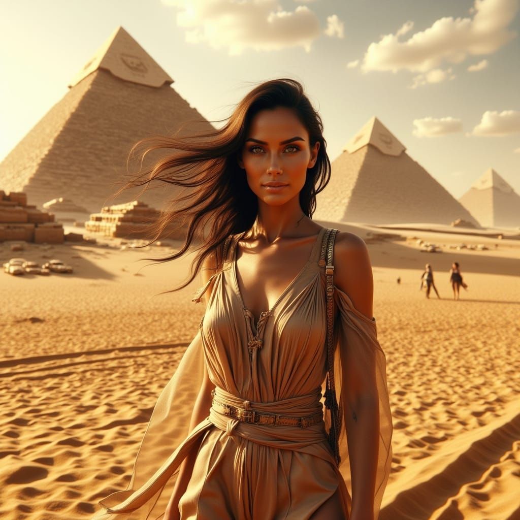 Cinematic Desert Portrait of Megan Fox with Ancient Pyramids