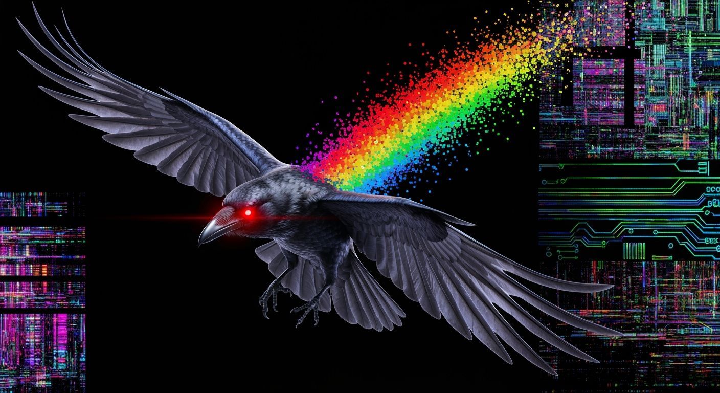 Hyper-Real Raven Flight with Digital Pixel Breakup