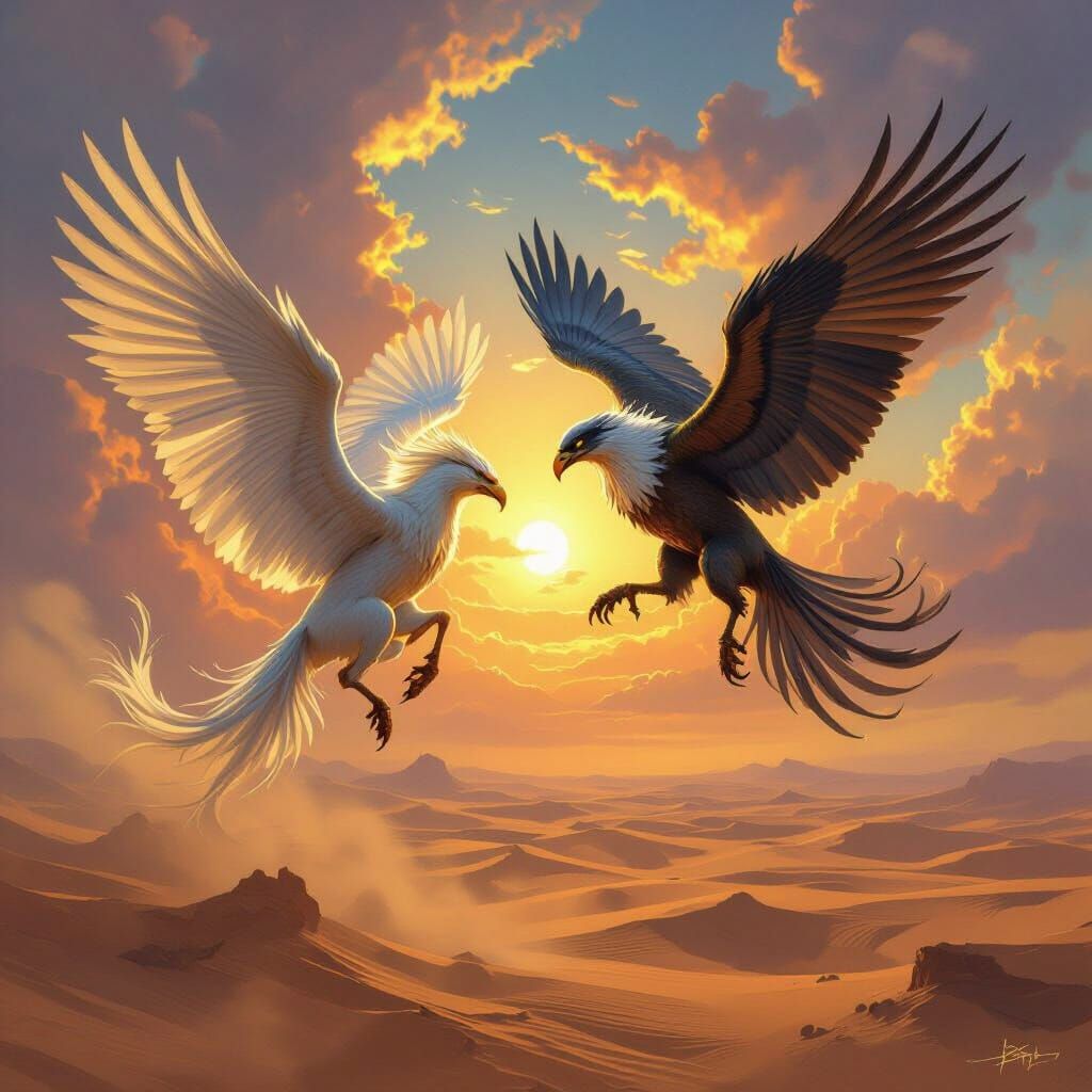 Mythical Beasts Battle in Desert Sunset Fantasy Art