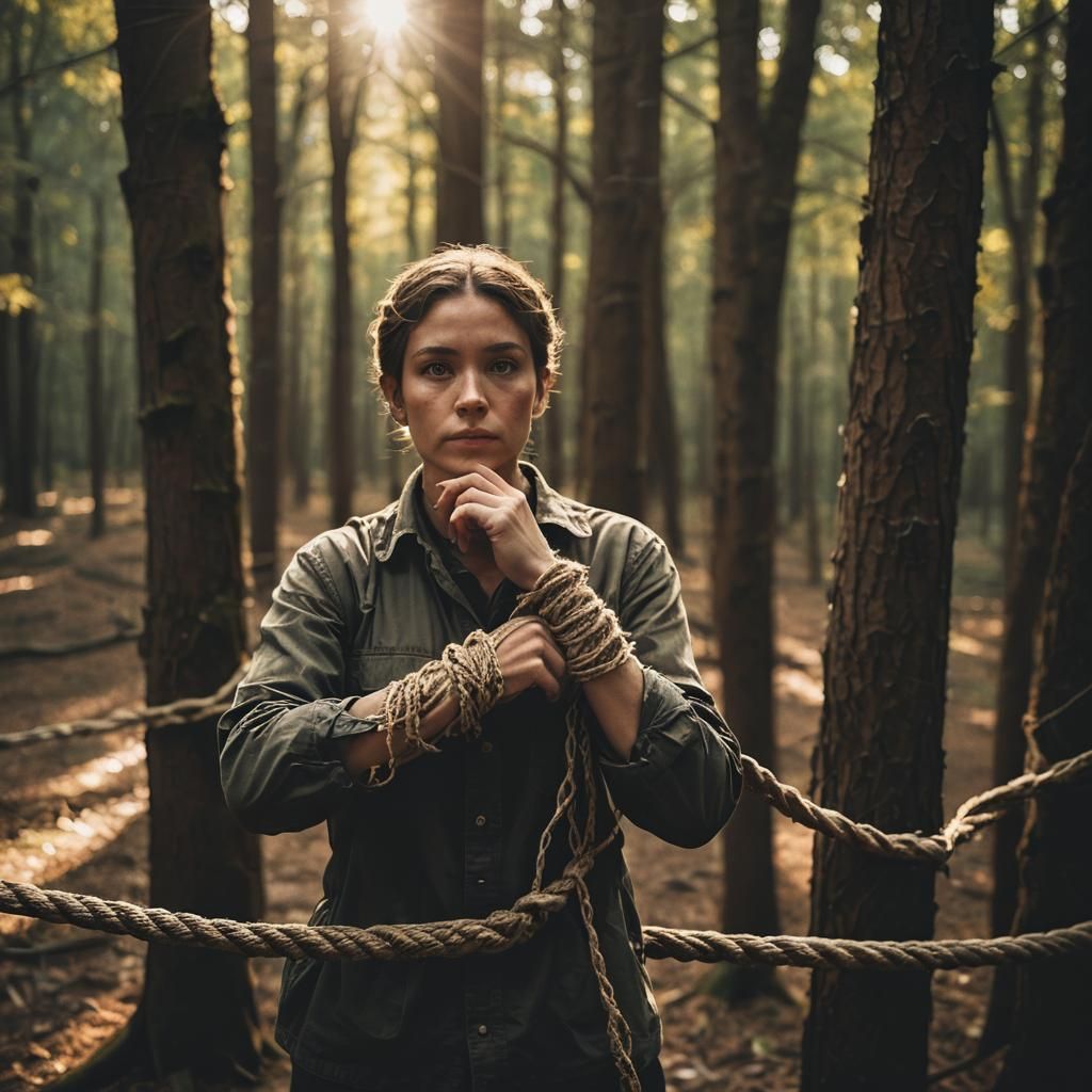 Roped Figure in Forest: Cinematic Portrait