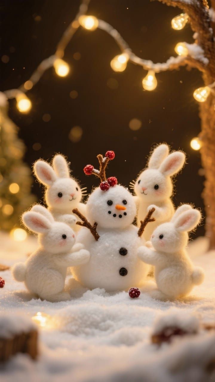 Cute Rabbits Build Snowman in Felt Art Style
