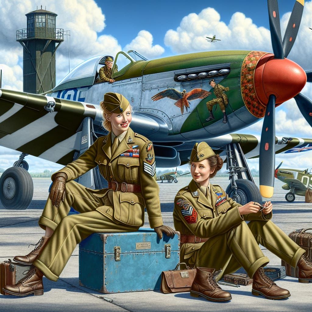 Fighter Pilots Lounging by P-51 Mustang, Digital Illustratio...