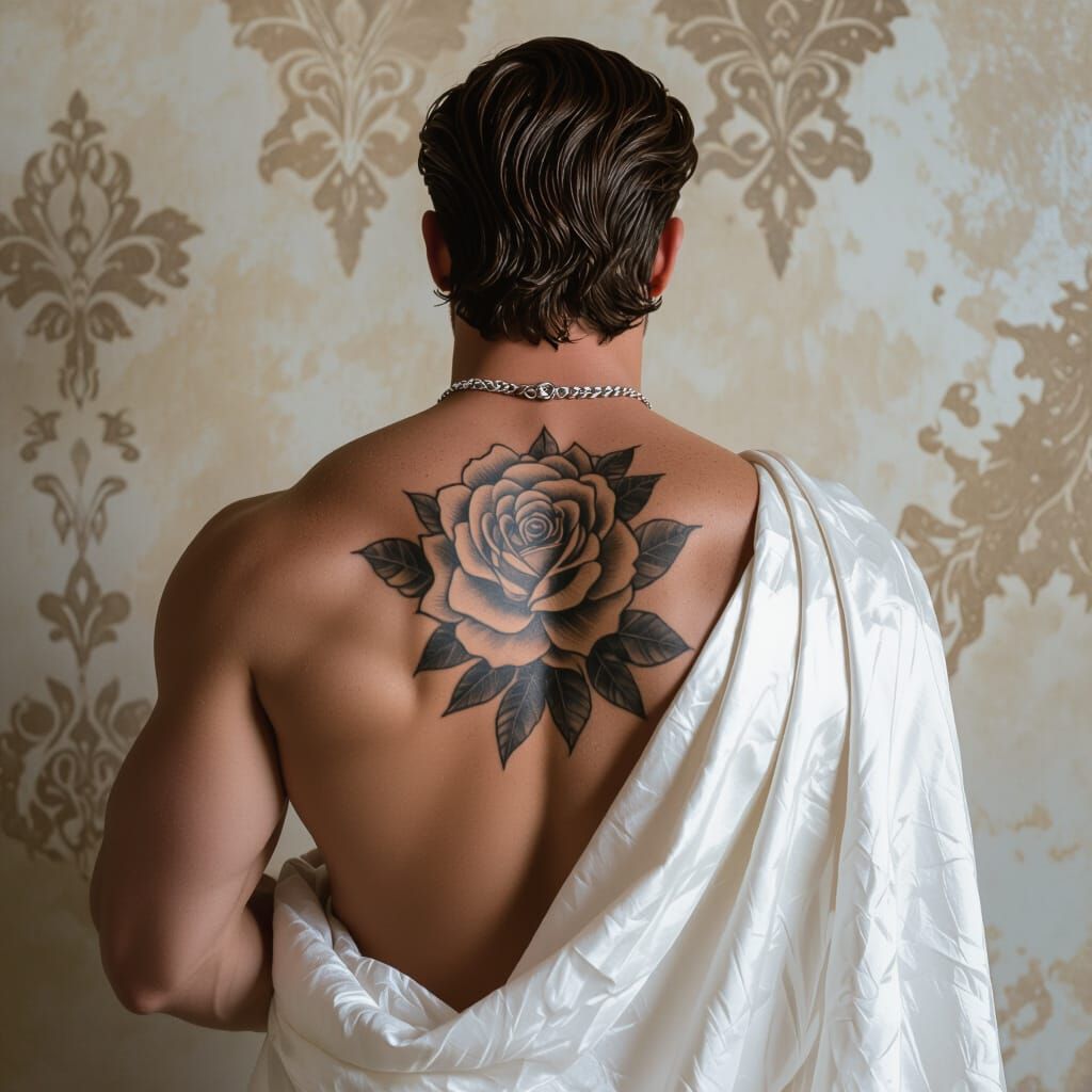 Muscular Man with Rose Tattoo in Film Still