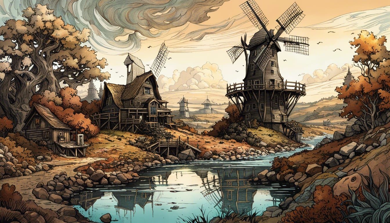 Windmill Landscape: Elaborate Ink Illustration
