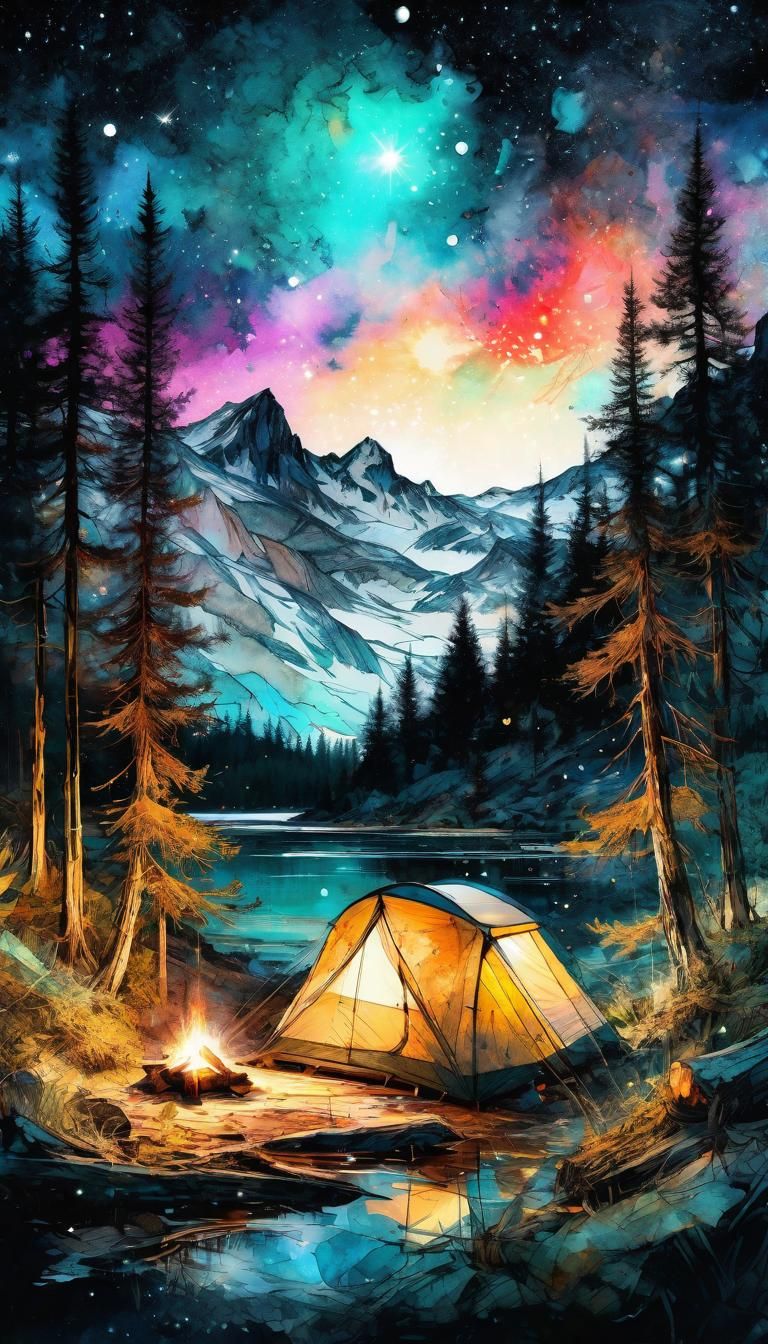 Watercolor Camping Spot Under Starry Sky