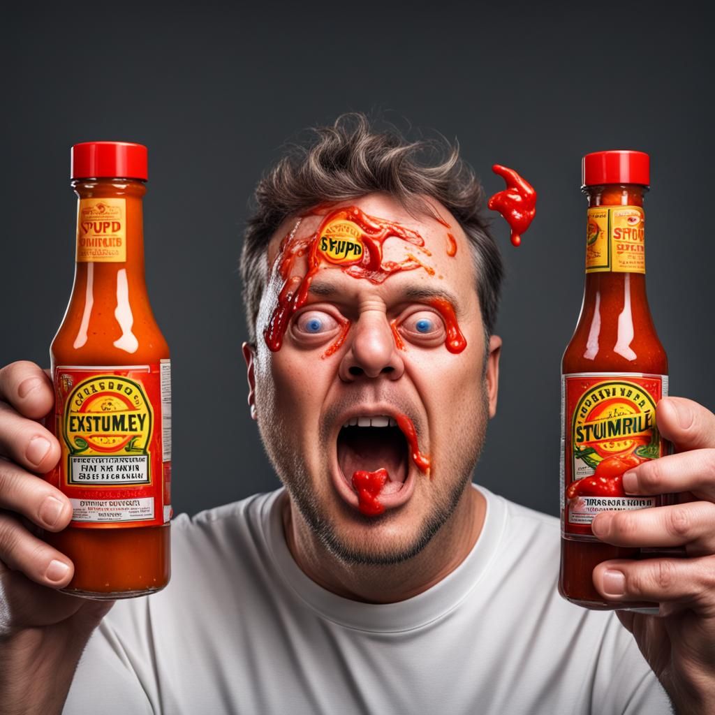 "a hyper realistic picture of a man who just put two bottles of hot sauce in his eyes. the man is wearing a shirt that s...