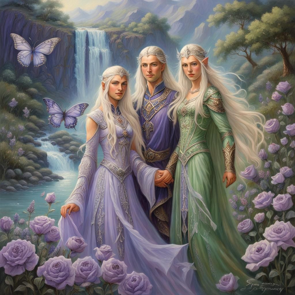 Stunning Elven King and Stunning Elven Queen both with long flowing platinum blonde hair light crystal clear green eyes,...