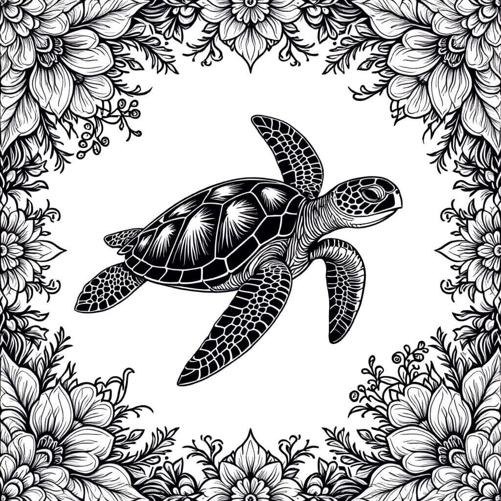 Sea Turtle in Coral Reef Line Art