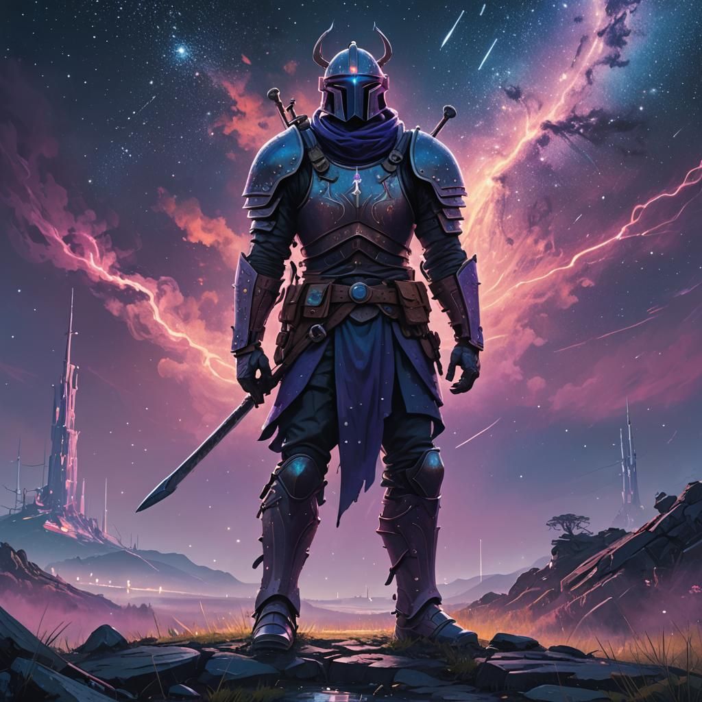 Heroic Warrior at Crossroads under Starry Night