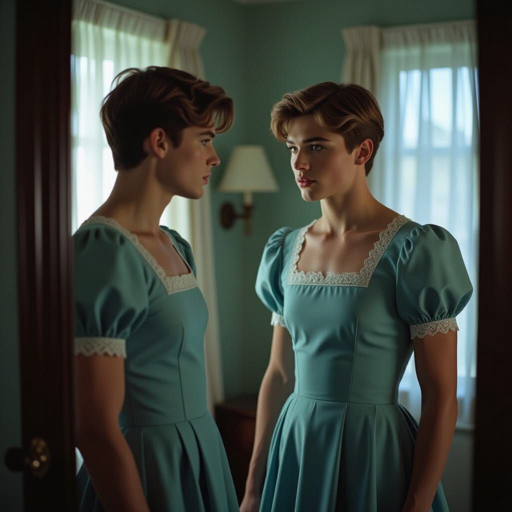 Young Man Gazes at Reflection in Empire Dress, Cinematic Lig...