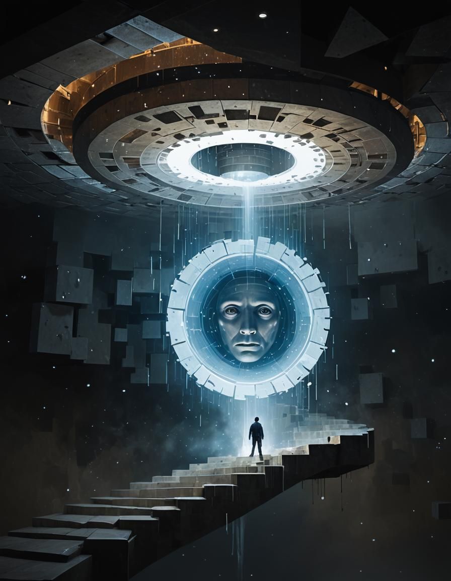 Surreal Giant Head with Stairs in Cosmic Fantasy