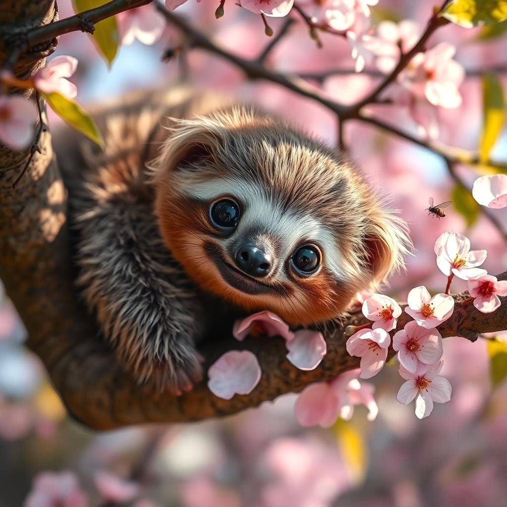 Cute Sloth with Blue Eyes in Cherry Tree
