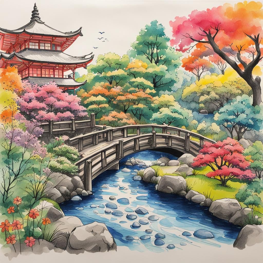 Child's Ink Drawing of Japanese Botanical Garden