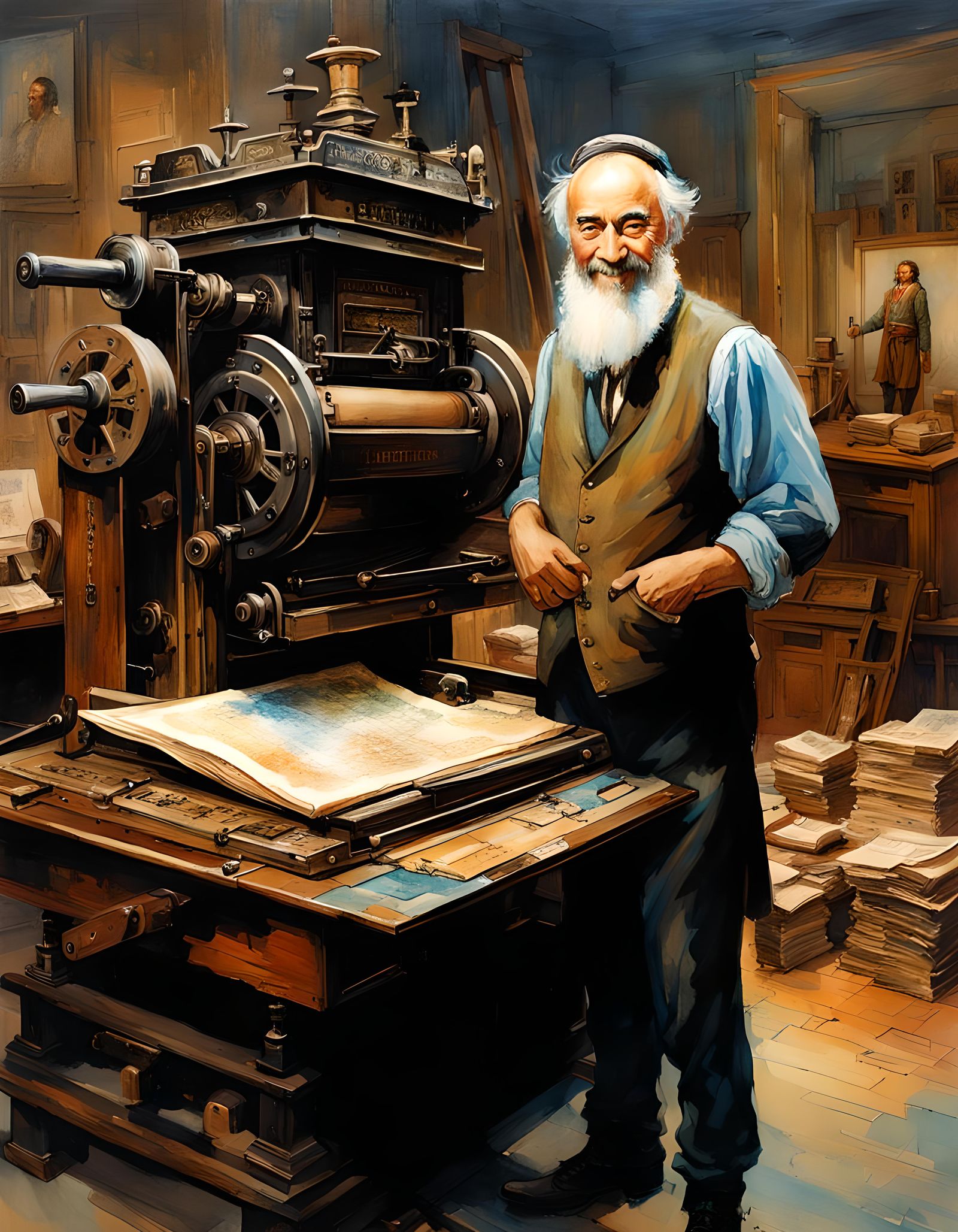 Gutenberg Smiling Beside his Printing Press