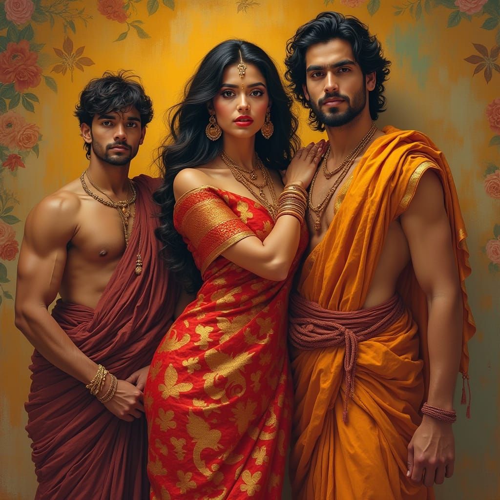 Elegant Indian Woman Poses with Two Handsome Men in Traditio...