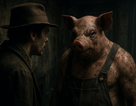 Pig Man in Dark Alley, Film Noir Style