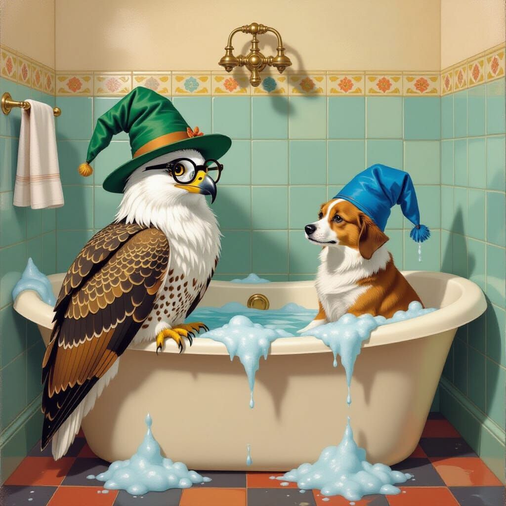 Owl and Lion in a Foam-Filled Bathtub