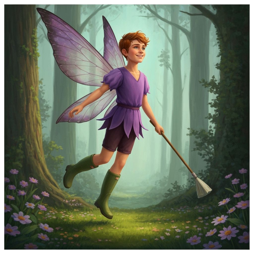 Fairy Boy in Purple Attire with Rain Boots