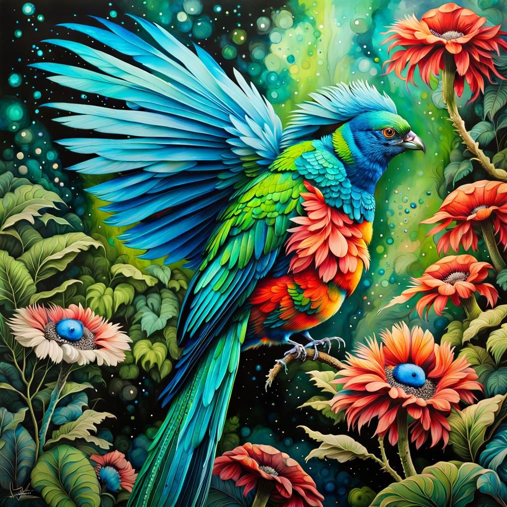 Surreal Quetzal Bird in Ethereal Garden, Hyperrealistic