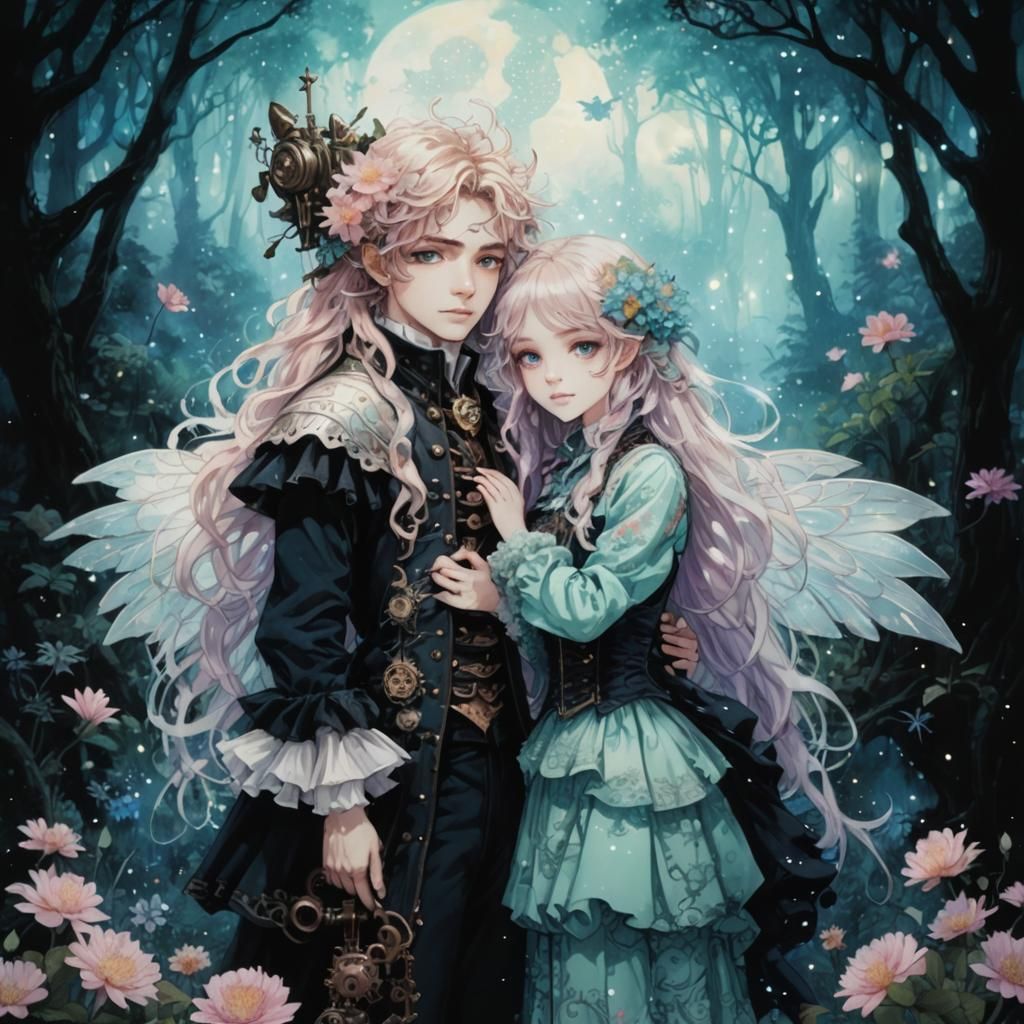 Feminine Steampunk Anime Fairy with Bioluminescent Flowers