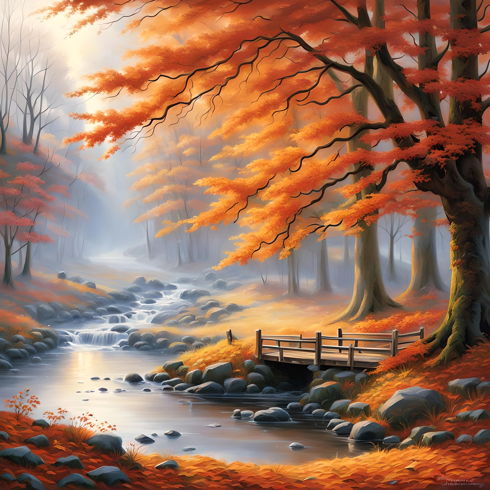 Autumn to Winter Fantasy Landscape in Kinkade Style
