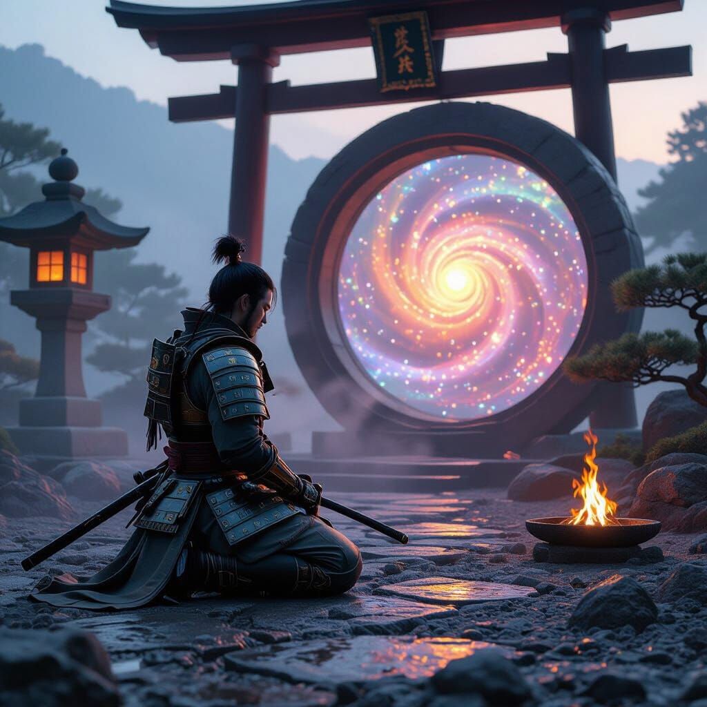 Samurai at Shinto Shrine with Galaxy Portal