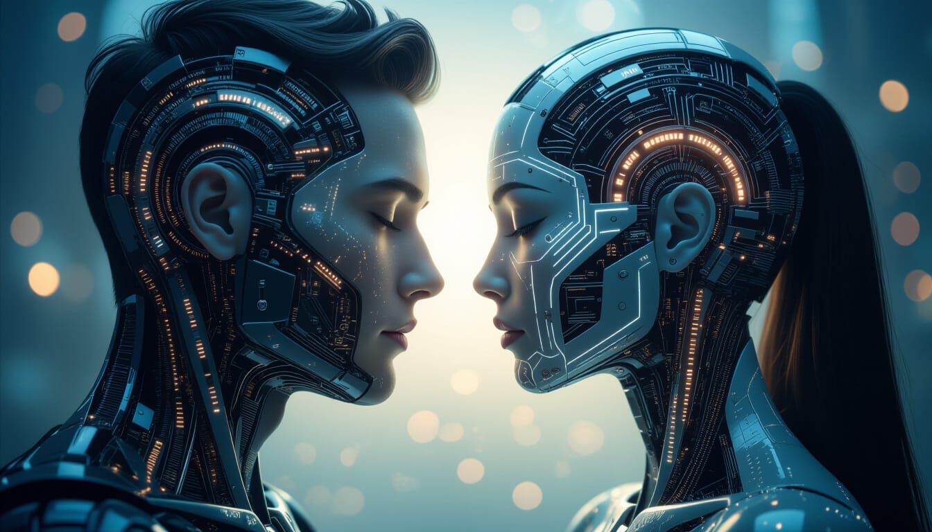 Humanity Merges with AI in Dramatic, High-Contrast Image