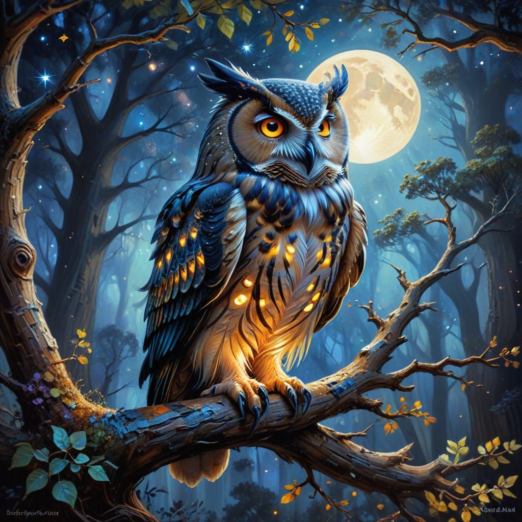 Majestic Owl Perched on Ancient Oak: Fantasy Art