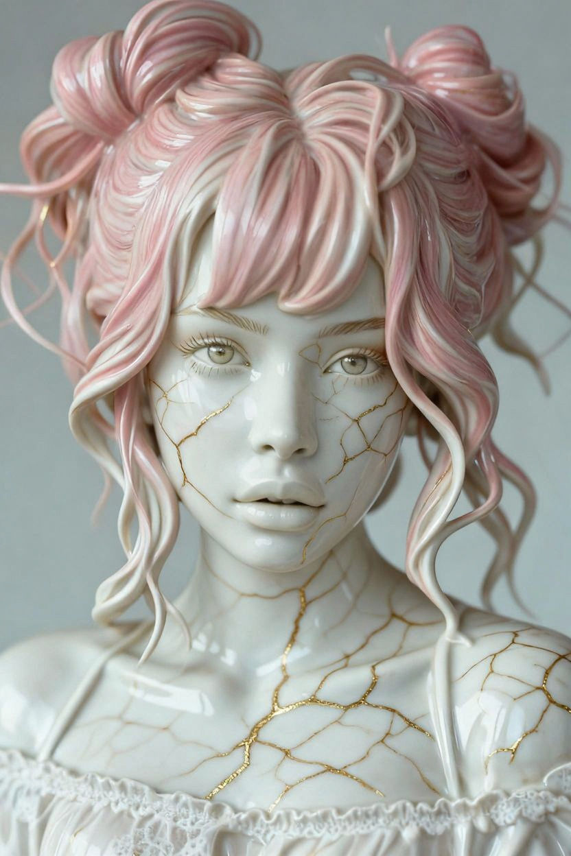 Elegant Porcelain Woman Statue with Gold Veins