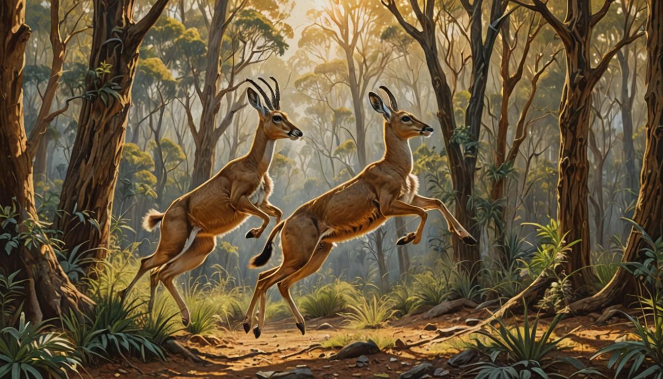 Gazelle and Kangaroo Leap in Sunny Forest