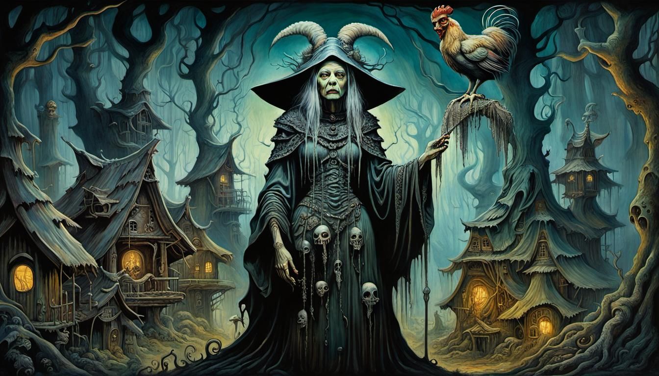 Baba Yaga's Grotesque Splendor in a Cyberpunk-Inspired Artis...