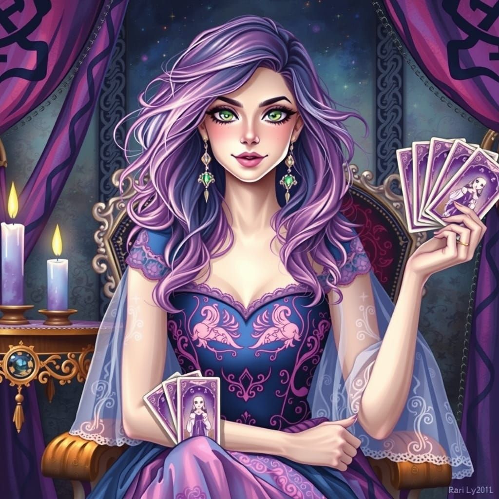 Mystical Woman with Tarot Cards in Watercolor Style