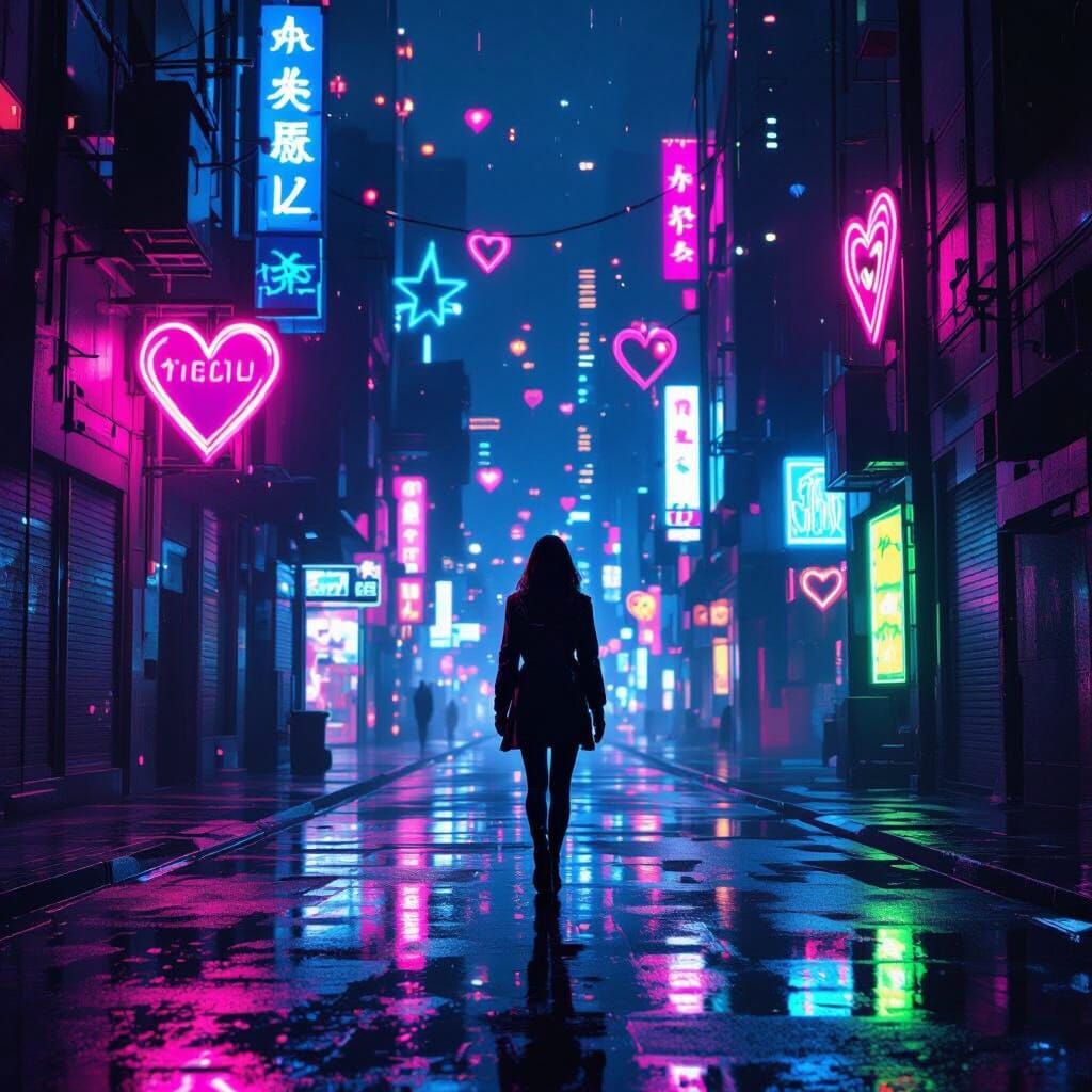 Neon Cityscape with Woman in Cyberpunk Style
