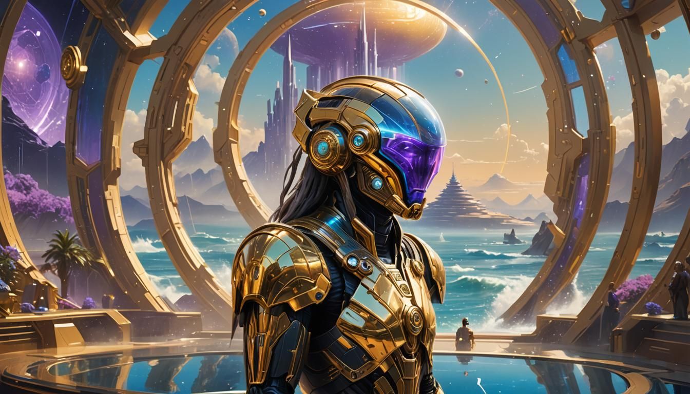 Galactic Council Chambers: Futuristic Being Gazing at Hologr...