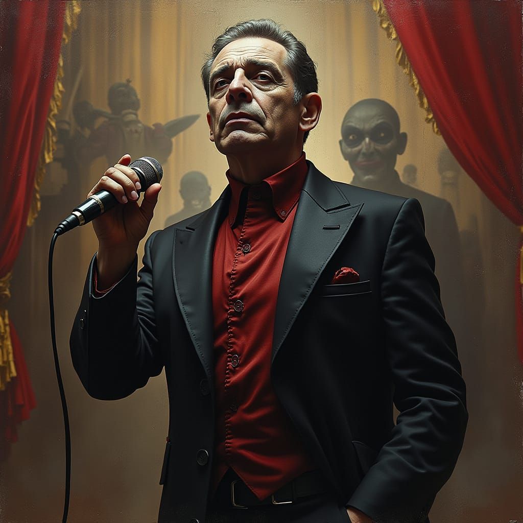 Elegant Carnivale Musician in Dark, Vintage-Inspired Circus