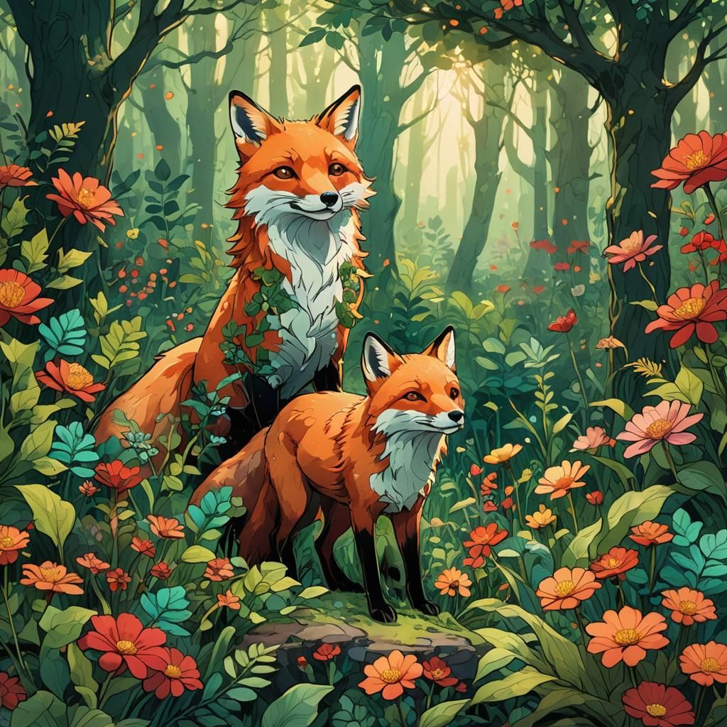 Happy Red Fox in Whimsical Forest, Fantasy Art