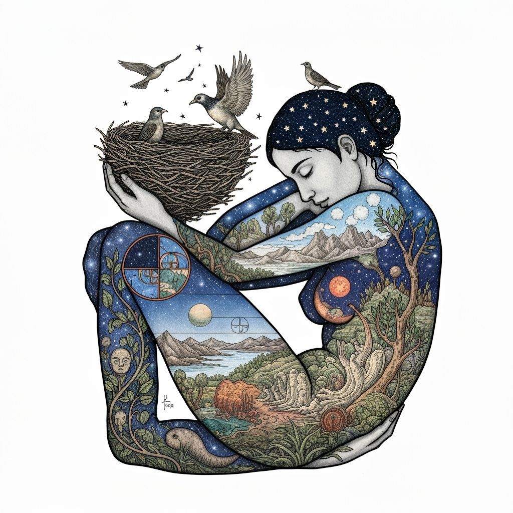 Cosmic Woman Carrying Star Nest, Nature's Embrace